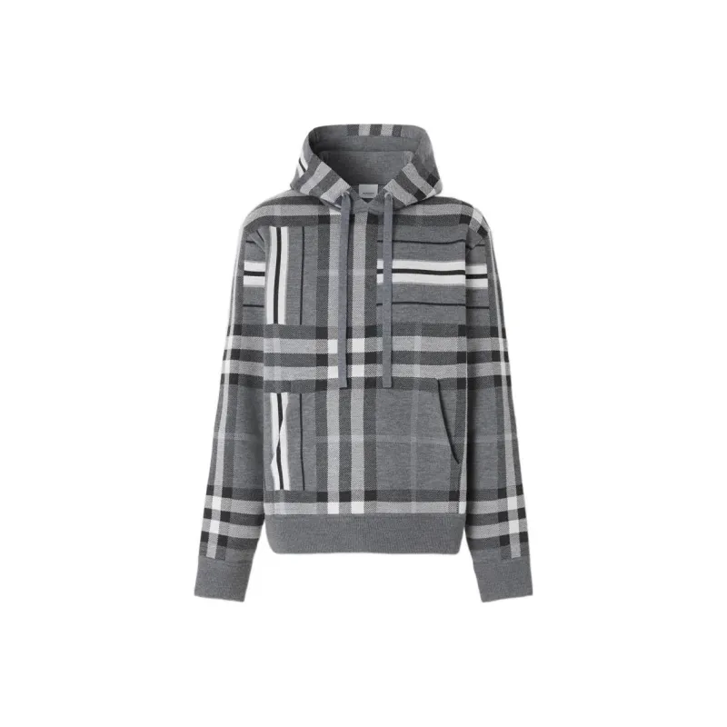 Burberry FW22 Check And Stripe Wool Blend Jacquard Hoodie Dark Grey Melange-0