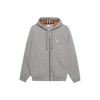 Burberry Men Letter Graphic Cotton Blend Zip Hoodie Pale Grey Melange