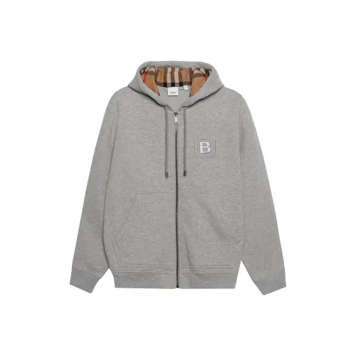 Burberry Men Letter Graphic Cotton Blend Zip Hoodie Pale Grey Melange