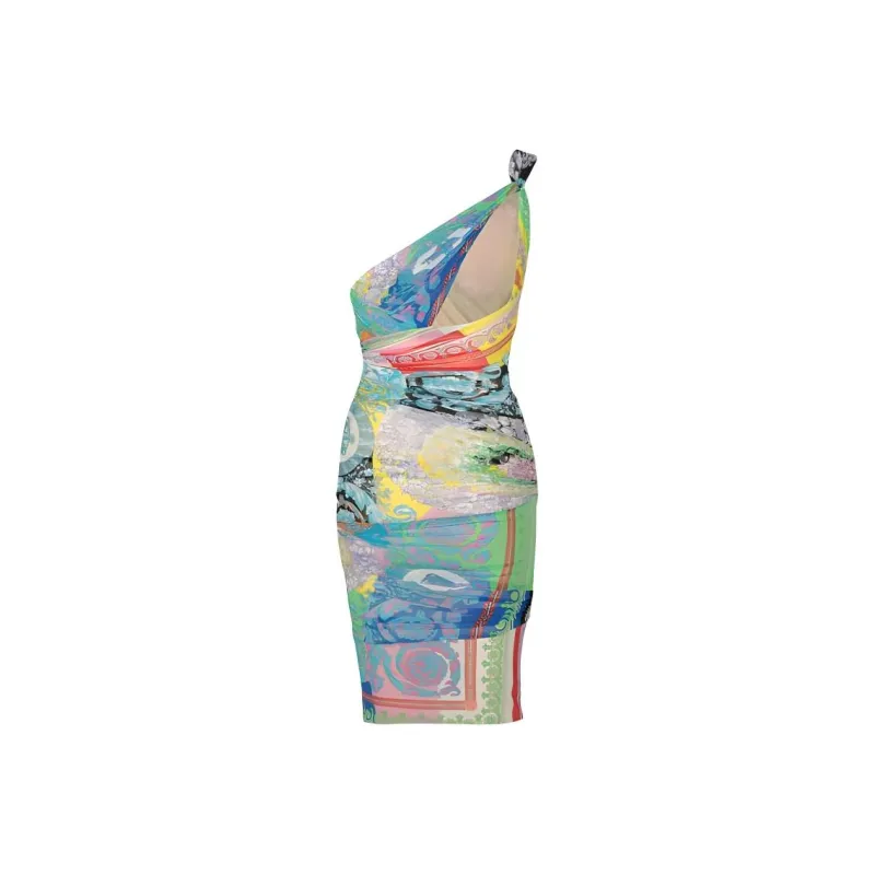 VERSACE Patchwork Effect One Shoulder Draped Dress 'Multicolor'-1