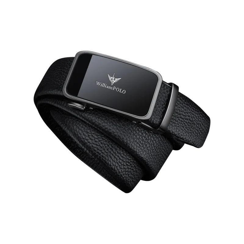 WilliamPOLO Cow Leather Belts Men's Gunmetal Buckle Silver Logo 3.5cm-1