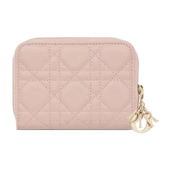 DIOR Lady Dior Wicker Pattern Lambskin Wallet Women's Pink Beige