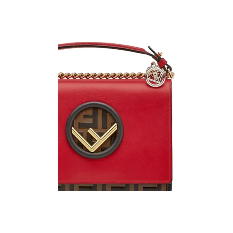 FENDI Kan I Cow Leather Handbag Shoulder Bag Crossbody Bag Mini Women's Red/Brown-4