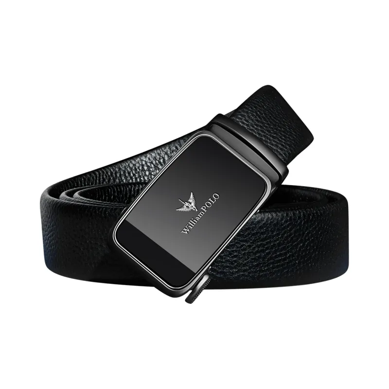 WilliamPOLO Cow Leather Belts Men's Gunmetal Buckle Silver Logo 3.5cm-3