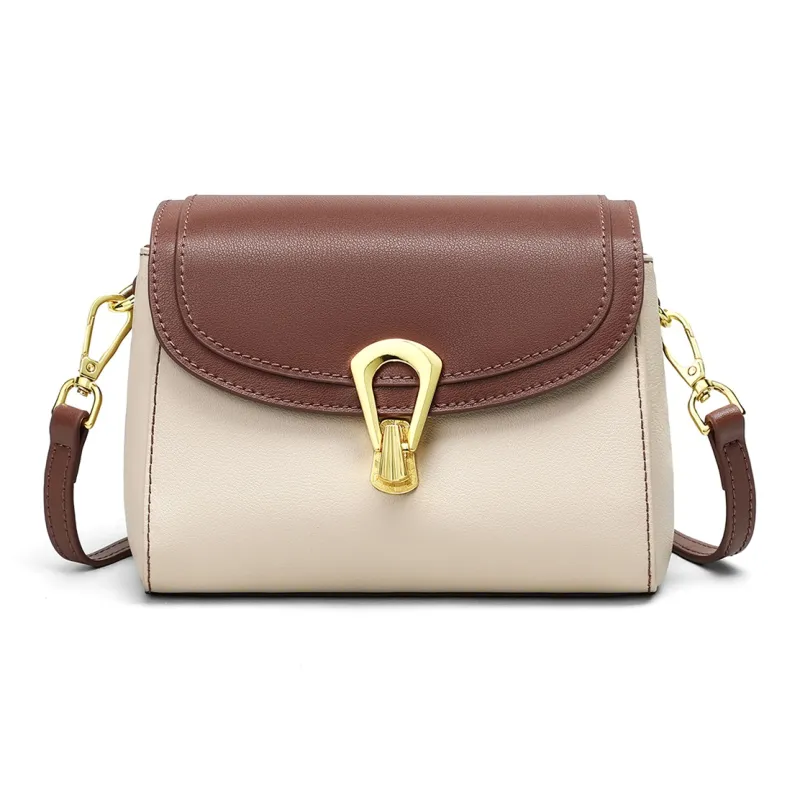 PT'SON Cow Leather Shoulder Bag, Crossbody Bag, Small Square Bag Regular Women's Ecru & Coffee-4