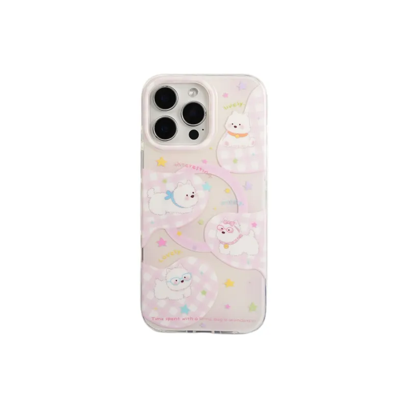 Wei Xin Acrylic Material Pink Plaid Star Puppy Phone Cases Compatible With IPhone 16/15 Pro Max/Apple 13/14 Pro/Max-4