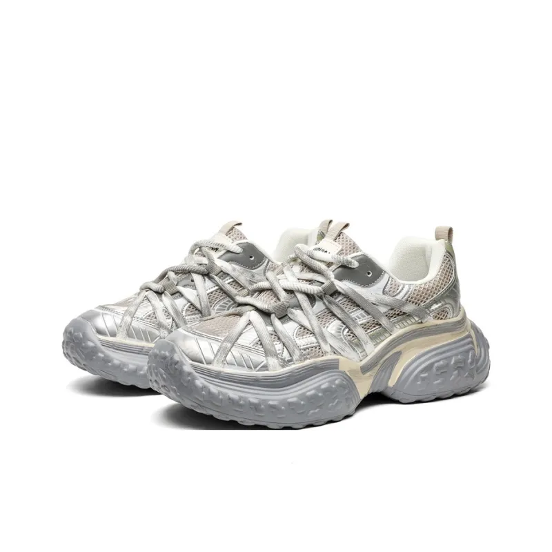 Kuding Chunky Sneakers Unisex Low Top Champagne/Black-3