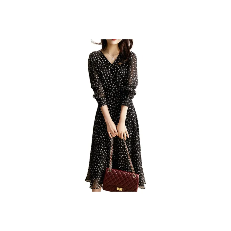 Wbwq Long-Sleeved Dresses Women's Black Background Floral-4