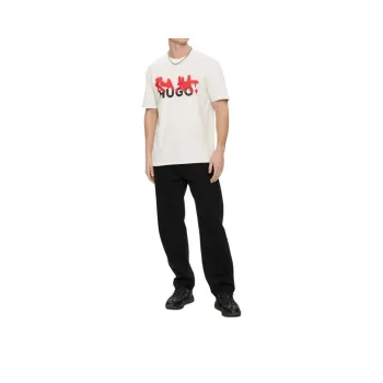 HUGO BOSS Relaxed Fit T Shirt In Cotton With Spray Print Artwork T Shirt Men's White