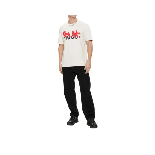 HUGO BOSS Relaxed Fit T Shirt In Cotton With Spray Print Artwork T Shirt Men's White