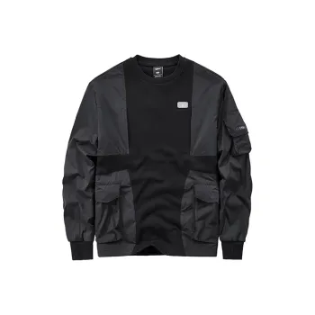 VIP Patchwork Design Long Sleeve Crew Neck Sweatshirt With Multiple Pockets Unisex Black