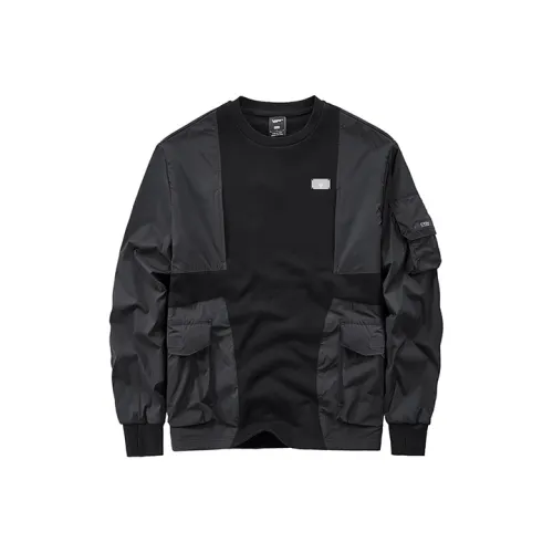 VIP Patchwork Design Long Sleeve Crew Neck Sweatshirt With Multiple Pockets Unisex Black
