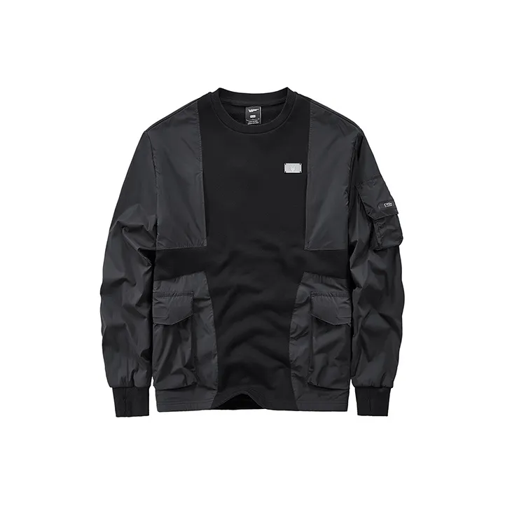 VIP Patchwork Design Long Sleeve Crew Neck Sweatshirt With Multiple Pockets Unisex Black-0