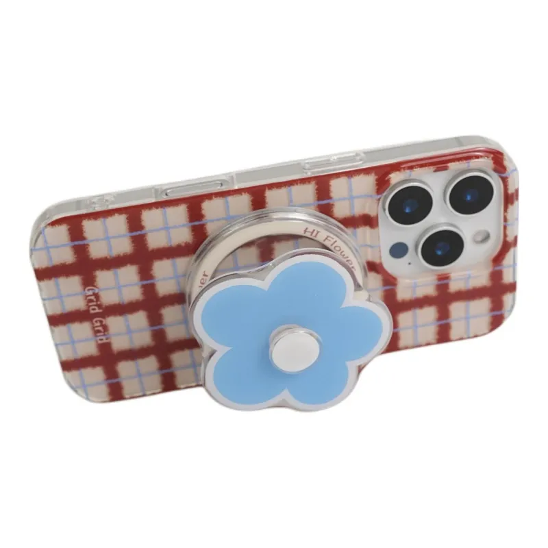 Sopi Acrylic Material Brown Red Plaid Floral Stand Phone Cases Compatible With IPhone 16/15 Pro Max/Apple 13/14 Pro/Max-3