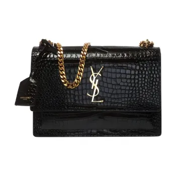 SAINT LAURENT SUNSET Shiny Leather Chain Shoulder Bag Crossbody Bag Medium Size Women's Black