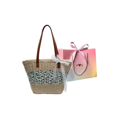 Yalu Straw Woven Shoulder Bag Women's Ecru/Khaki