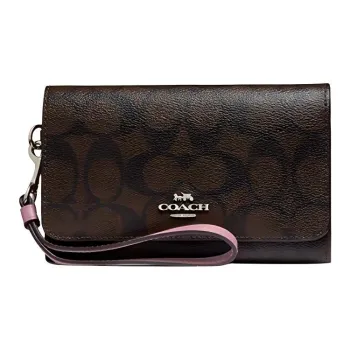 COACH Phone Canvas With Leather Clutch Wallet Cell Phone Pouch, Clutch Small Size Women's Brown & Rose Pink