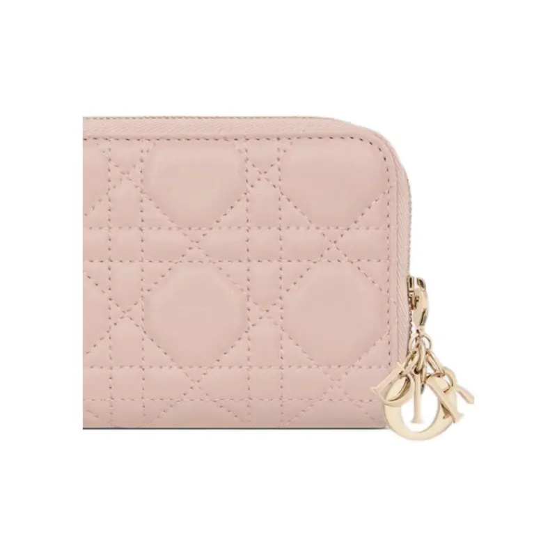 DIOR Lady Dior Wicker Pattern Lambskin Wallet Women's Pink Beige-5