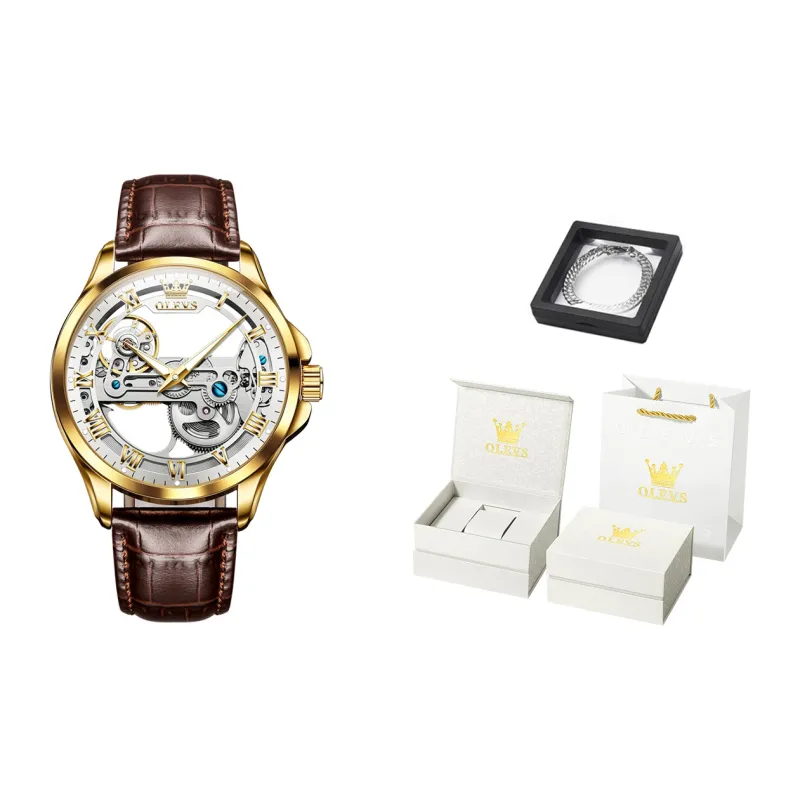 OLEVS Mechanical Movement Leather Watch Bands Watch Men's Watches White Dial-5