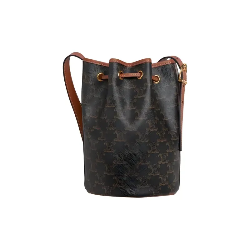 CELINE Triomphe Canvas With Calfskin Canvas Bag Bucket Bag Handbag Shoulder Bag Crossbody Bag Small Size Women's Tawny-2