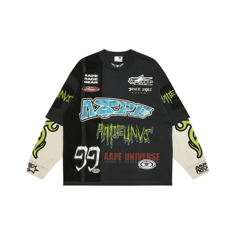 Aape Crackle Print Patchwork Long Sleeved T Shirt Men's-2