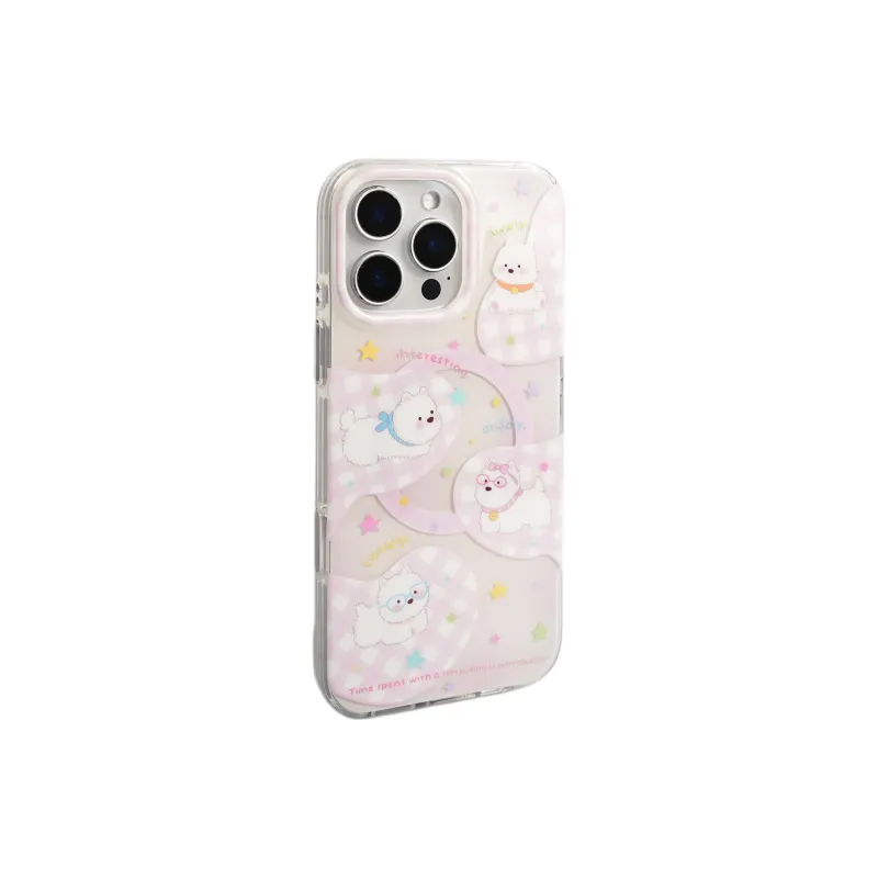 Wei Xin Acrylic Material Pink Plaid Star Puppy Phone Cases Compatible With IPhone 16/15 Pro Max/Apple 13/14 Pro/Max-5