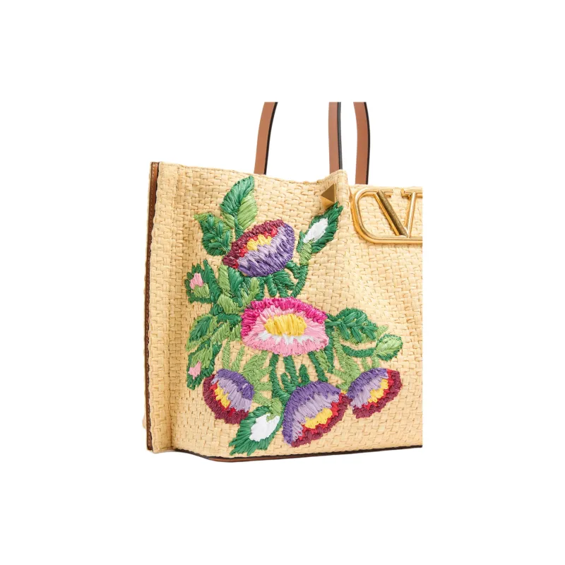 Valentino Raffia Tote Bag, Shopping Bag, Shoulder Bag, Handbag Medium Size Women's Natural & Multicolor-6