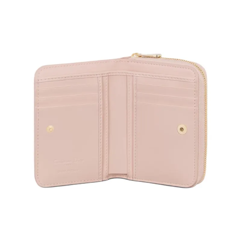 DIOR Lady Dior Wicker Pattern Lambskin Wallet Women's Pink Beige-4