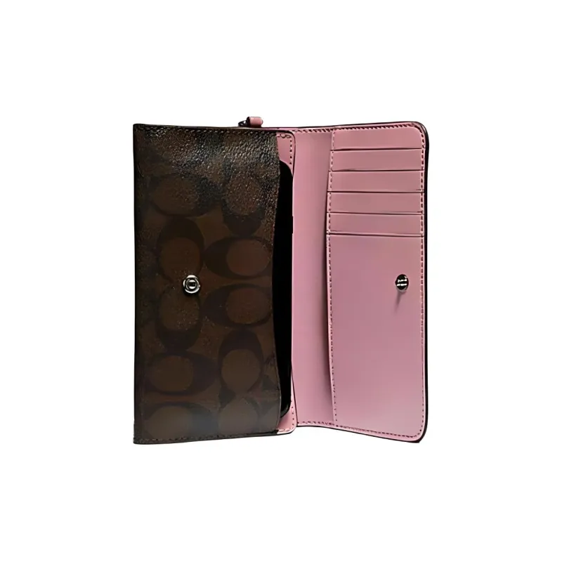 COACH Canvas With Leather Clutch Wallet Cell Phone Pouch, Clutch Trumpets Women's Brown & Rose Pink-1