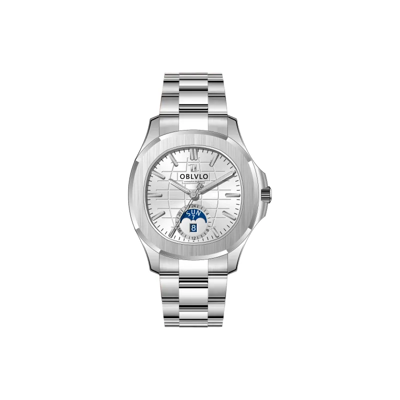 OBLVLO Automatic Mechanical Movement Stainless Steel Watchband Watch Men's Watches White Dial-9