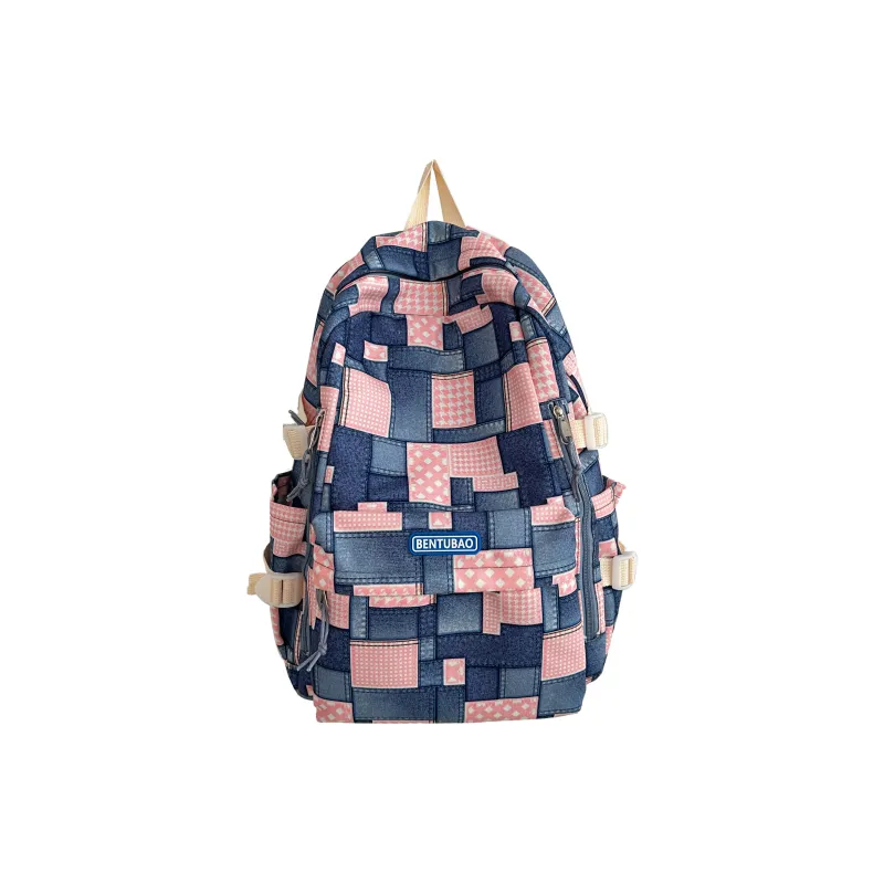 Single Warehouse Denim Backpack Travel Bag Regular Women's Pink/Dark Brown/Blue-0
