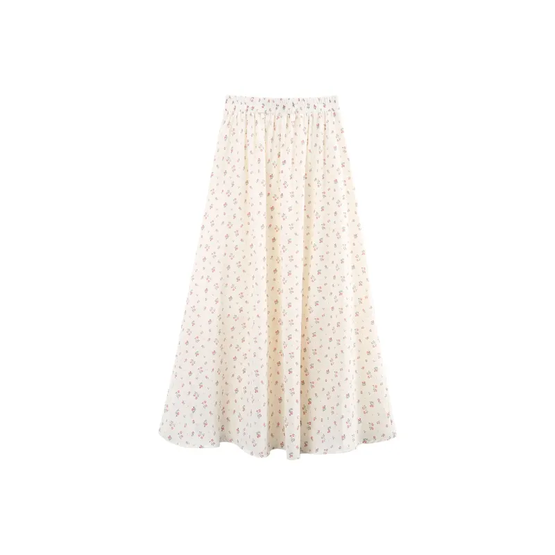 A Paradise For Awakening Casual Long Skirt Women's Beige With Pink Floral-1