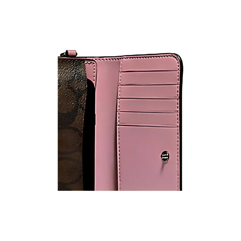COACH Canvas With Leather Clutch Wallet Cell Phone Pouch, Clutch Trumpets Women's Brown & Rose Pink-4