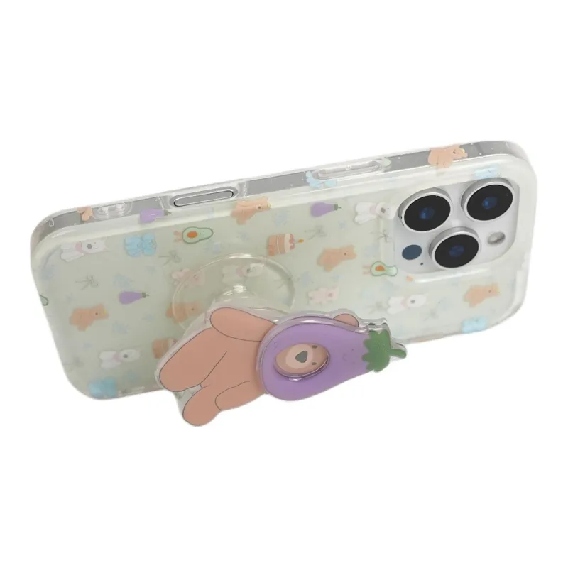 Sopi Acrylic Material Full Screen Eggplant Bear Phone Cases Compatible With IPhone 16/15 Pro Max/Apple 13/14 Pro/Max-3