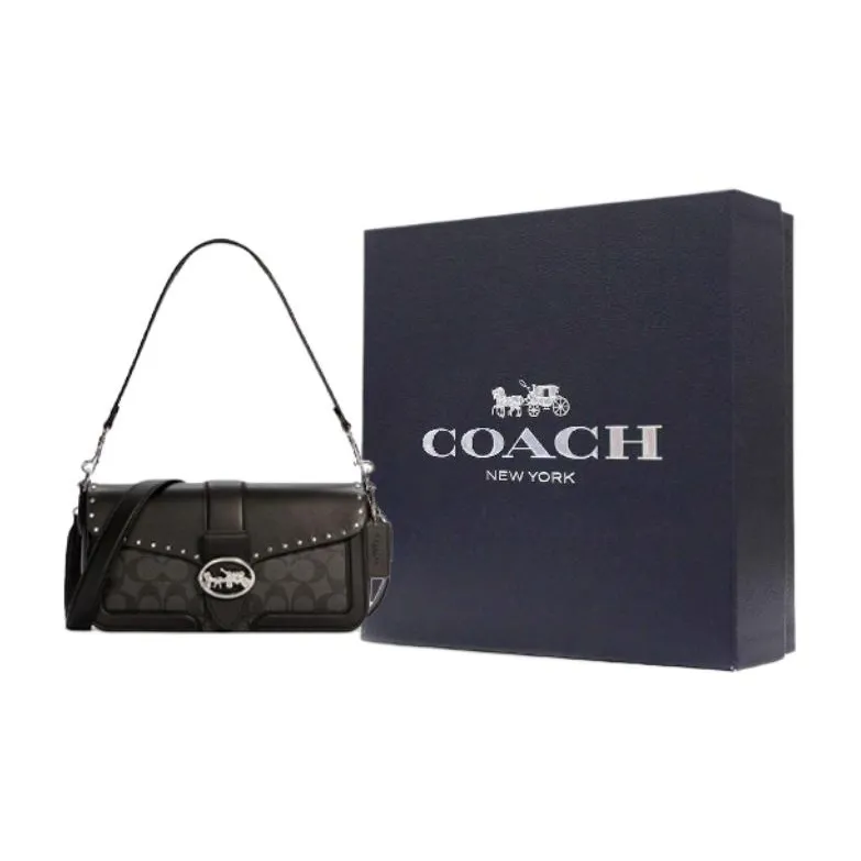 COACH Georgie Canvas With Leather Shoulder Bag Crossbody Bag Shoulder Bag Medium Size Women's Black-5