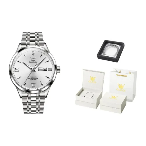 OLEVS Glow In The Dark Water Resistant Mechanical Movement Stainless Steel Watchband Watch Men's Watches White Dial