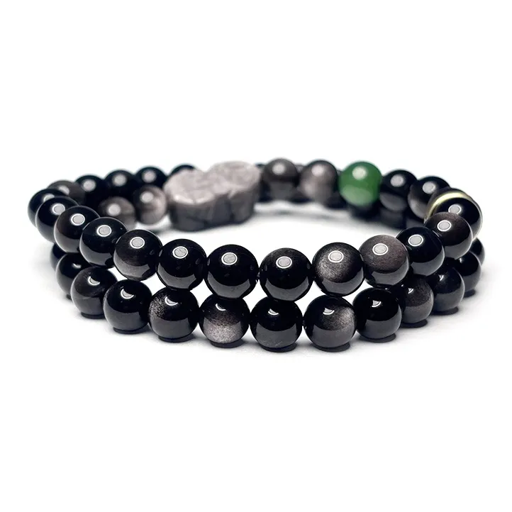 MOUNTAINS AND MANS Obsidian New Chinese Style Wealth Good Luck Stacking Beaded Bracelet Unisex-2