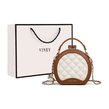 VINEY Cow Leather Shoulder Bag Crossbody Bag Small Round Bag Handbag Women's Beige White Brown