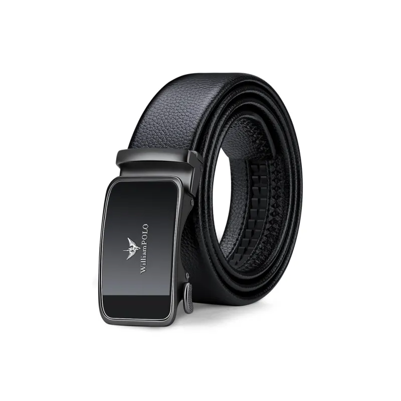 WilliamPOLO Cow Leather Belts Men's Gunmetal Buckle Silver Logo 3.5cm-0