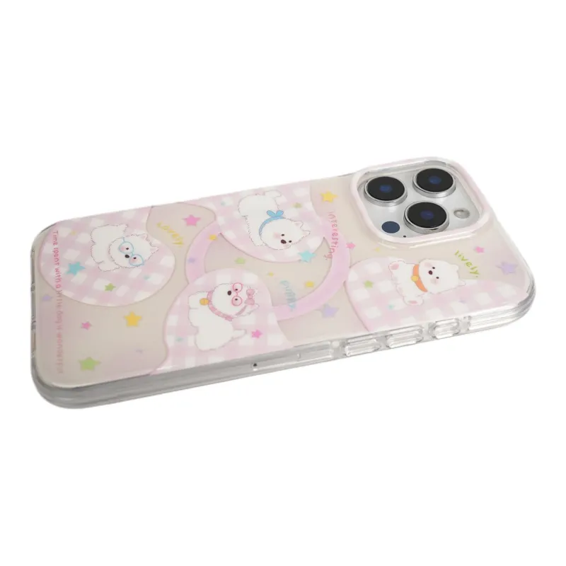 Wei Xin Acrylic Material Pink Plaid Star Puppy Phone Cases Compatible With IPhone 16/15 Pro Max/Apple 13/14 Pro/Max-7