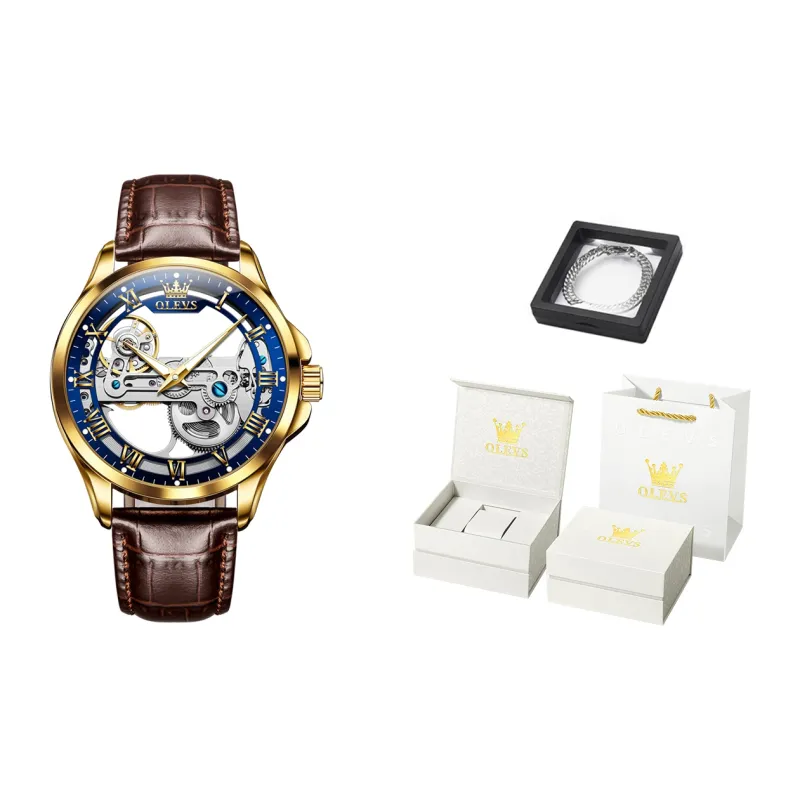 OLEVS Mechanical Movement Leather Watch Bands Watch Men's Watches White Dial-10