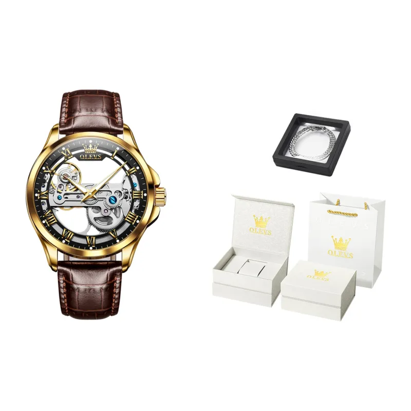 OLEVS Mechanical Movement Leather Watch Bands Watch Men's Watches White Dial-0