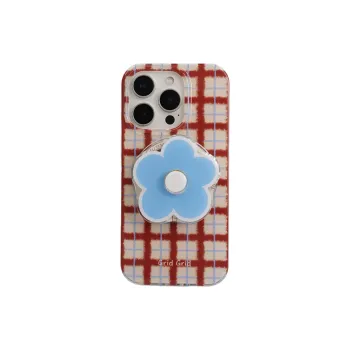 Sopi Acrylic Material Brown Red Plaid Floral Stand Phone Cases Compatible With IPhone 16/15 Pro Max/Apple 13/14 Pro/Max