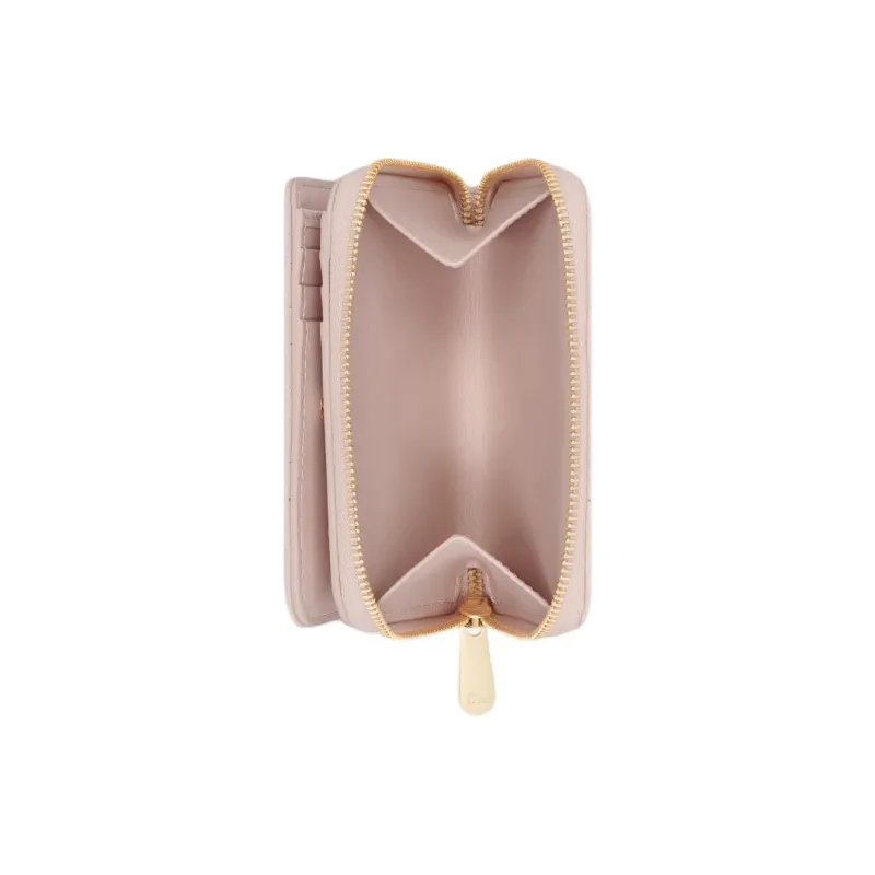 DIOR Lady Dior Wicker Pattern Lambskin Wallet Women's Pink Beige-3