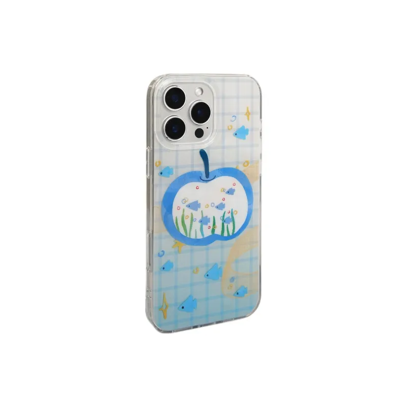 Sopi Acrylic Material Blue Plaid Apple Little Fish Phone Cases Compatible With IPhone 16/15 Pro Max/Apple 13/14 Pro/Max-1