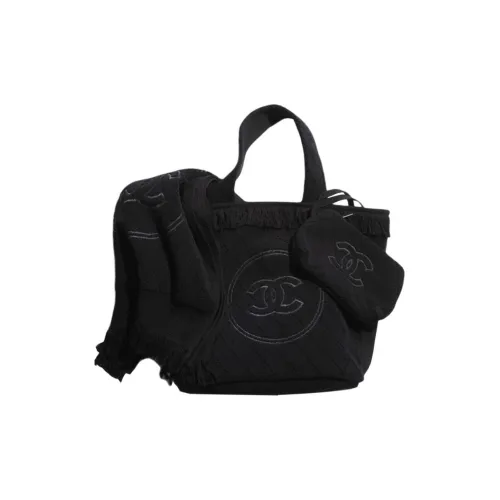 CHANEL Cotton Fabric Beach Bag Three Piece Set Handbag Combo Bag With Blanket Scarf Combo Set Women's Black