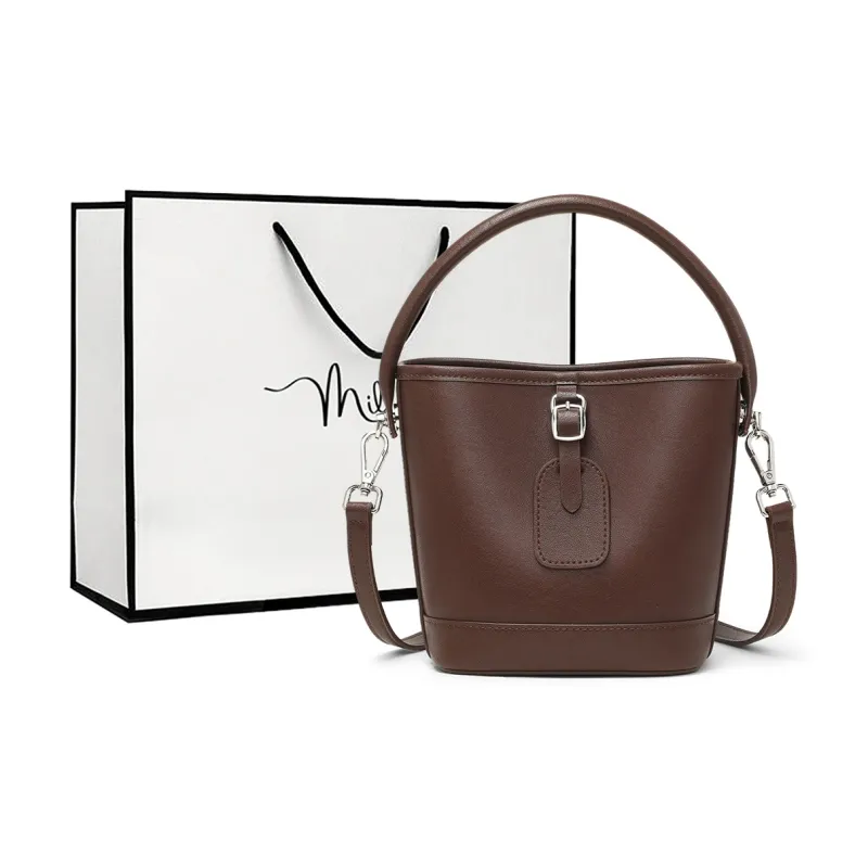 MILLIE'S Cow Leather Shoulder Bag, Crossbody Bag, Handbag, Bucket Bag Regular Women's Ecru/Coffee-7