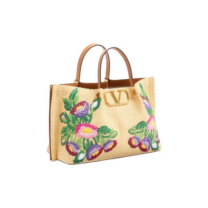 Valentino Raffia Tote Bag, Shopping Bag, Shoulder Bag, Handbag Medium Size Women's Natural & Multicolor-1