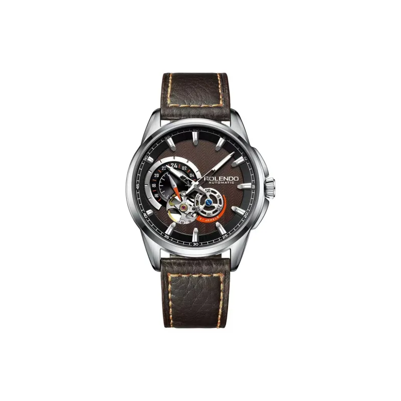 ROLENDO R Automatic Mechanical Movement Cowhide Strap Watch Men's Watches Coffee Watch Dial-0