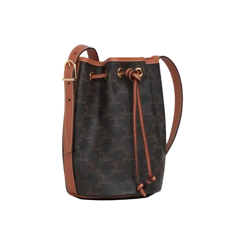 CELINE Triomphe Canvas With Calfskin Canvas Bag Bucket Bag Handbag Shoulder Bag Crossbody Bag Small Size Women's Tawny-1